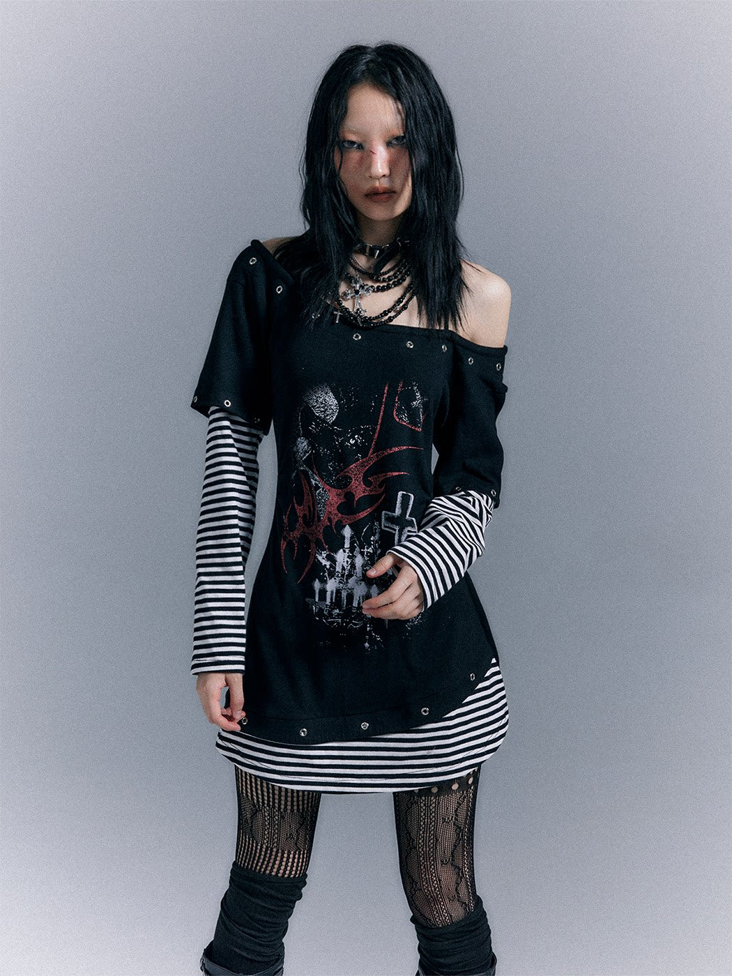 Light Punk Stripe Long Sleeve Graphic Waist-Cinching T-Shirt Dress