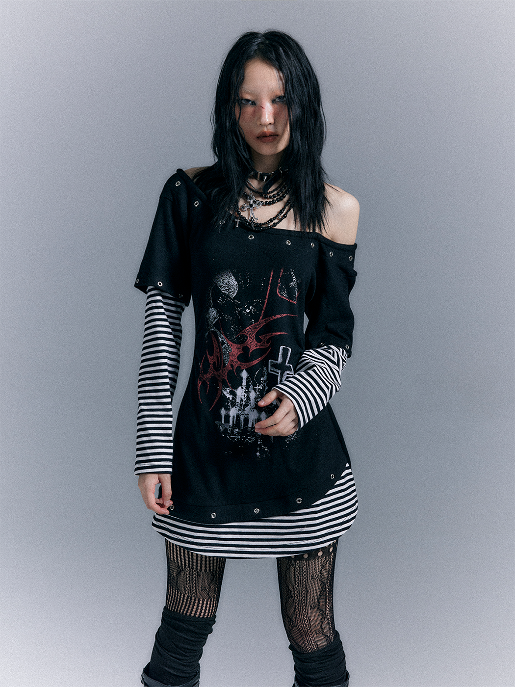 Light Punk Stripe Long Sleeve Graphic Waist-Cinching T-Shirt Dress