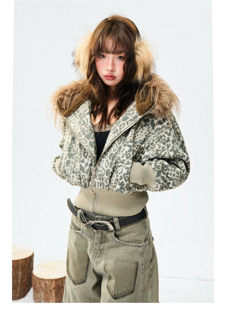 Leopard Print Fur-Trim Hood Puffer Jacket