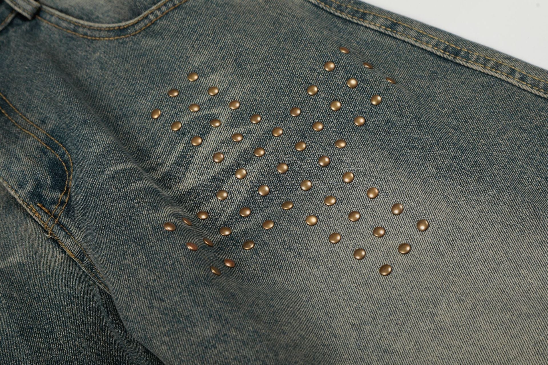 Washed Whisker Cross Studs Wide Leg Denim Jeans