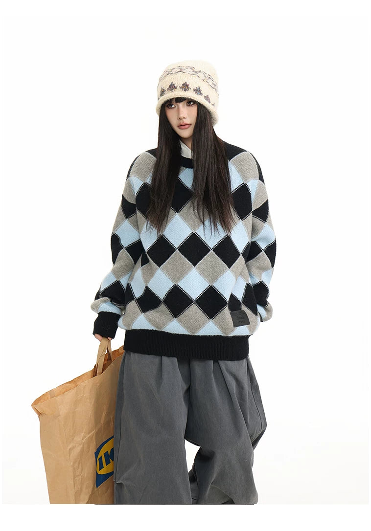 Heavyweight Diamond Pattern Oversize Hooded Knit Cardigan & Knit Sweater