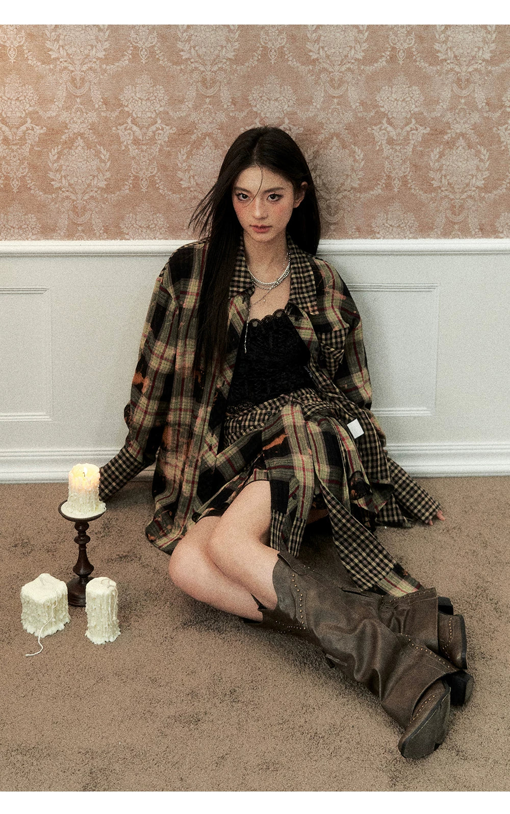 Oversize Plaid Long Sleeve Shirt & Short Skirt & Scarf Setup