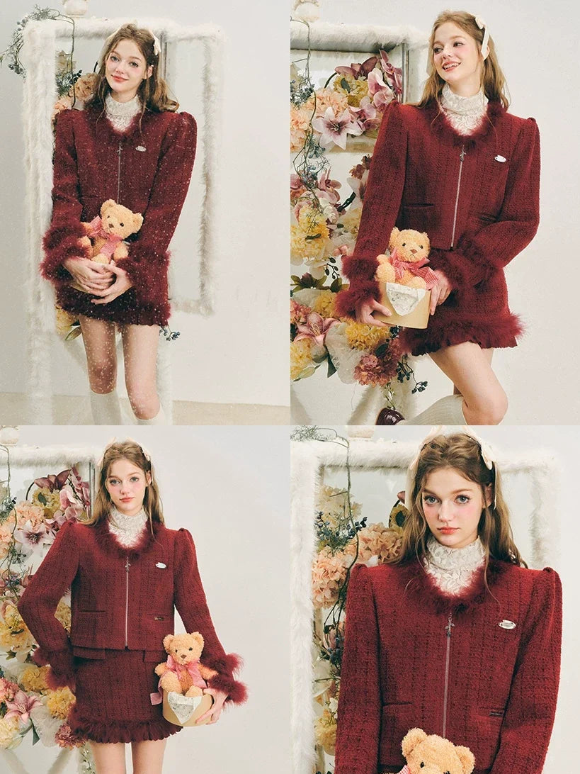 Fur Jacquard Zipper Jacket & Short Skirt Setup