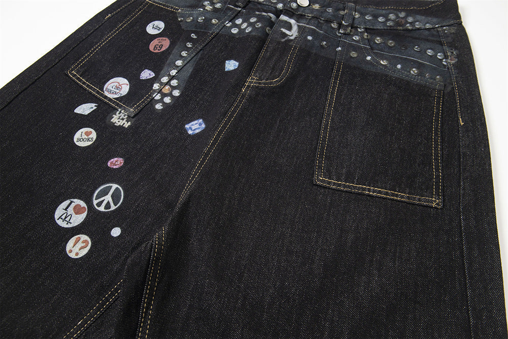 Badge Belt Print Wide Leg Half Denim Jeans