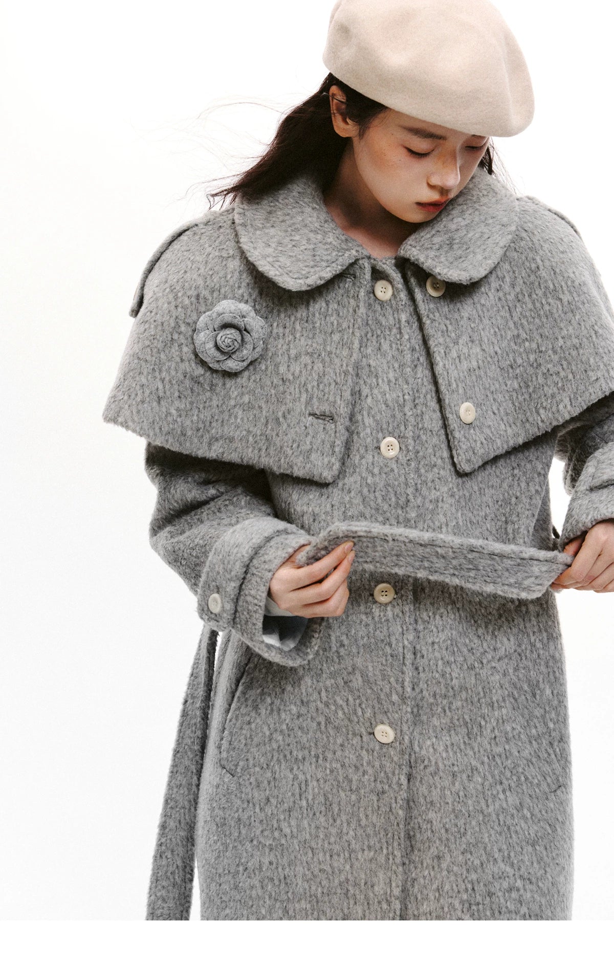 Cape Collar & Flower Detail Belted Coat