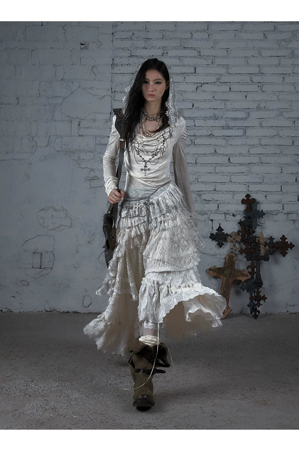Lace Hooded Asymmetric Ruffle Dress