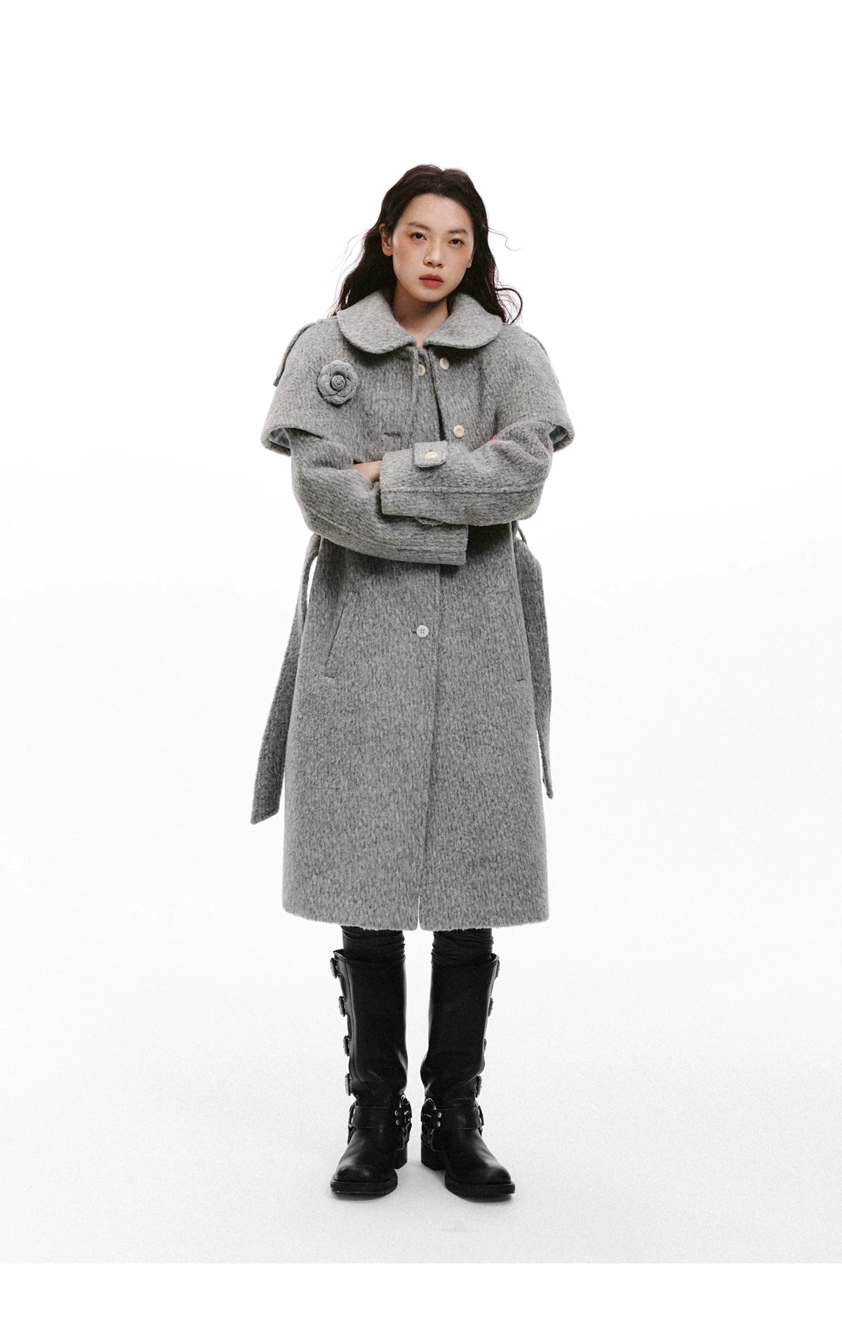 Cape Collar & Flower Detail Belted Coat