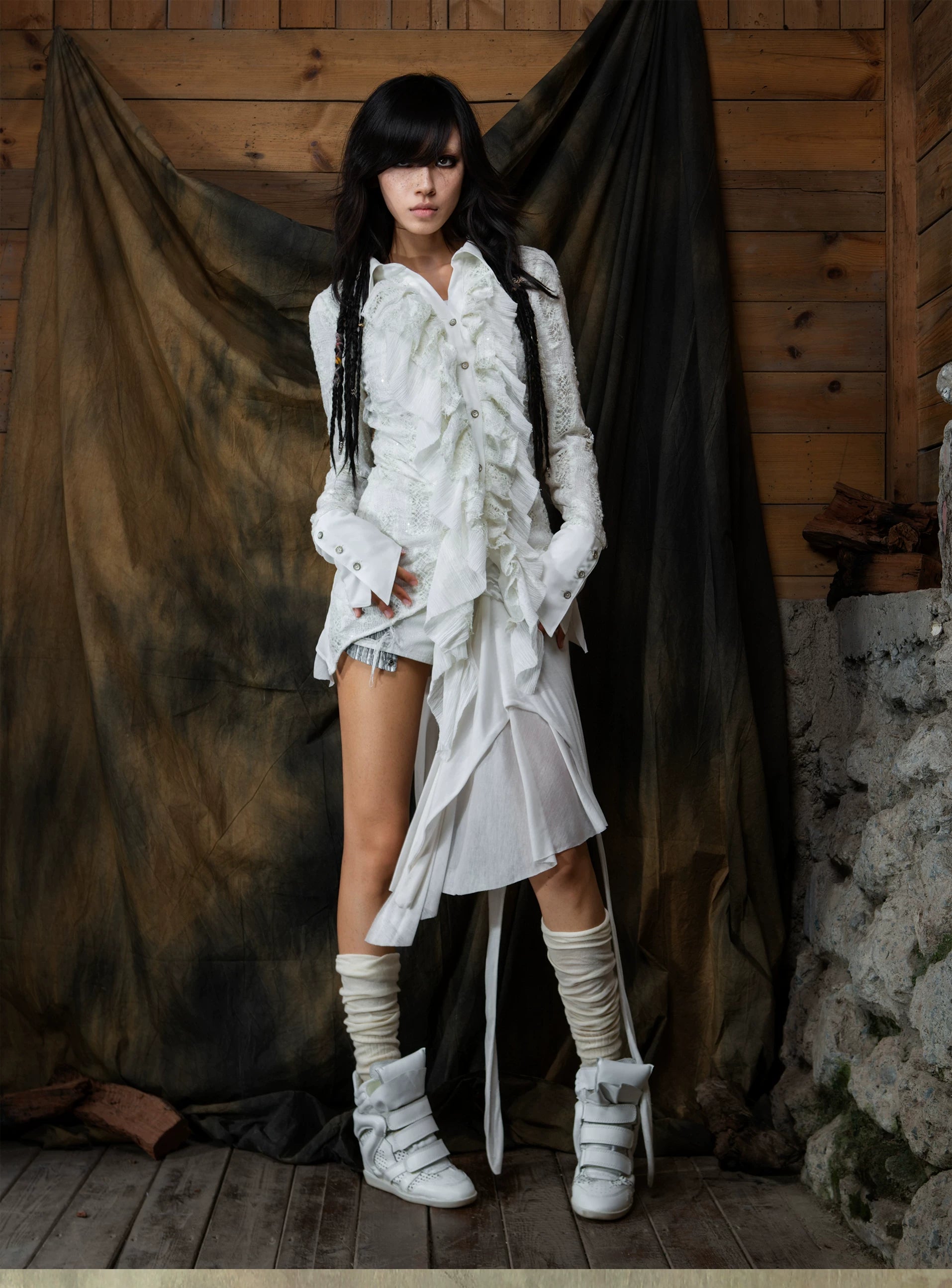 Original Punk Two-Tone Waist-Cinching Ruffle Asymmetric Shirt