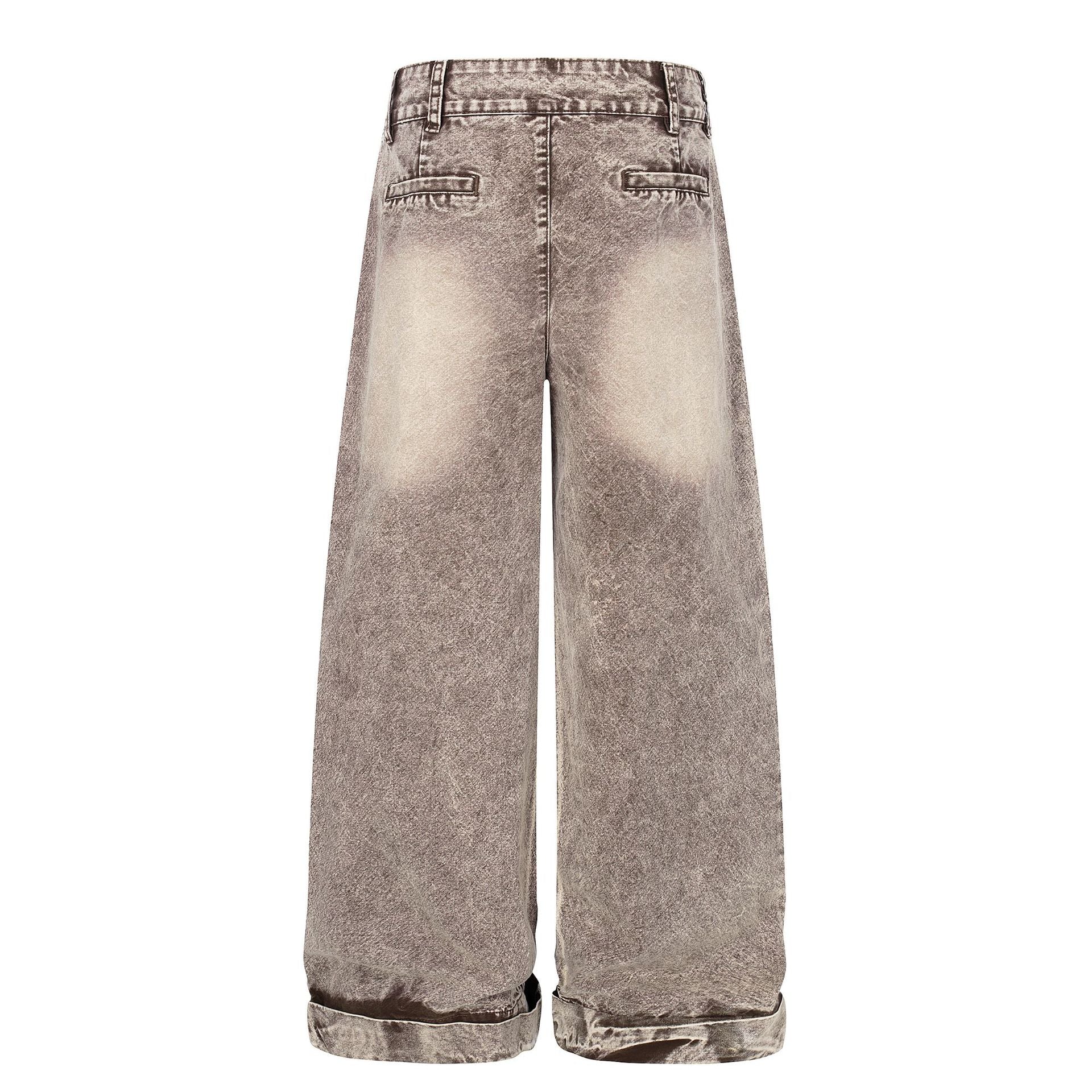 Washed Damage Wide Leg Curved Denim Jeans