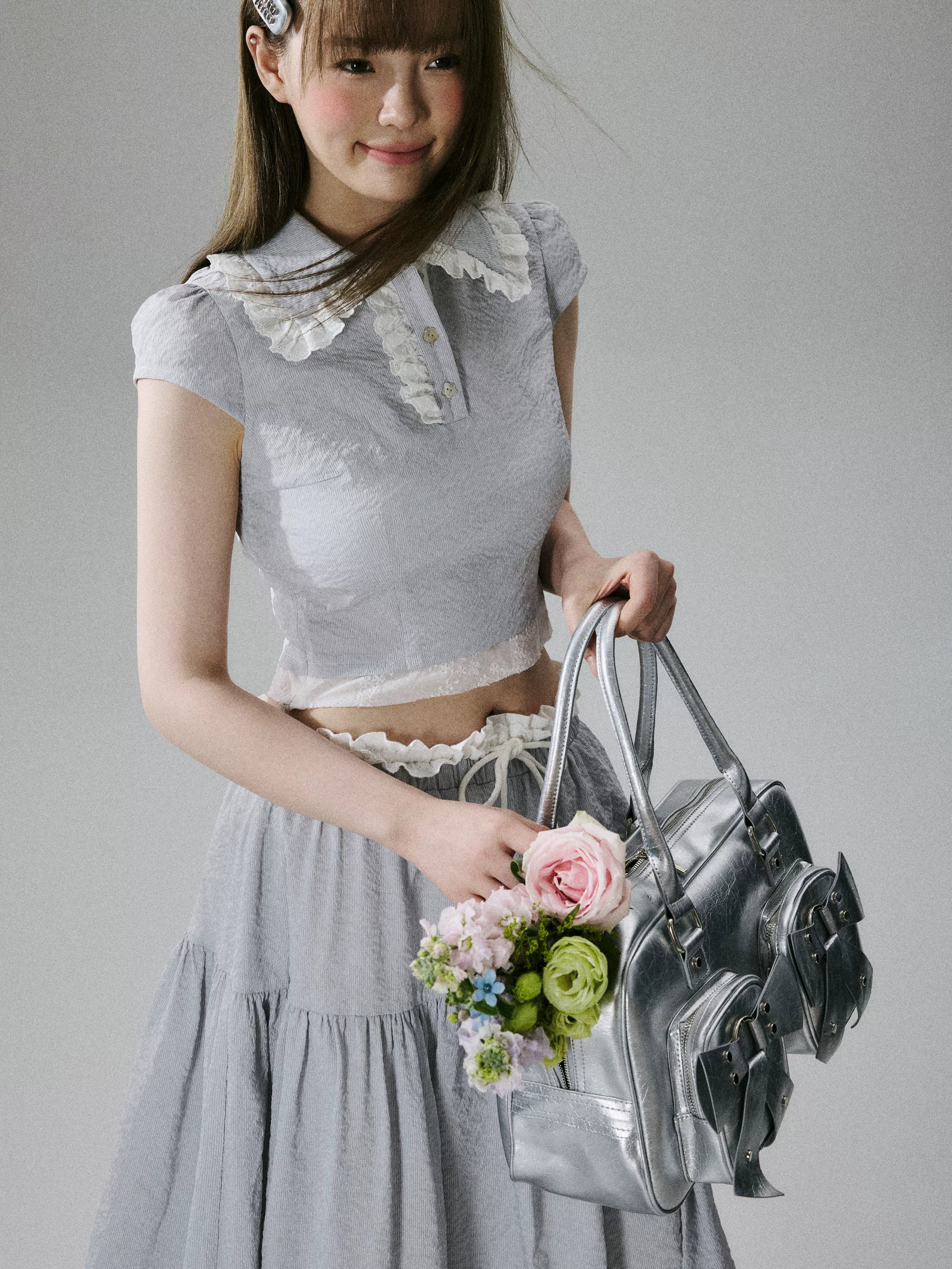 Lace-Trim Short Sleeve Shirt & Drawstring Skirt Setup