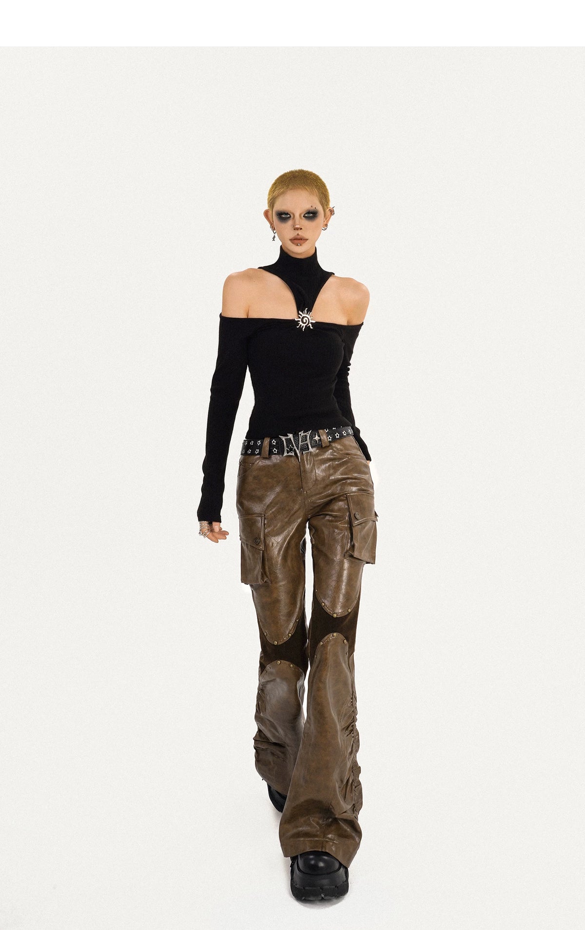 PU Leather Patchwork Fitted Flare Pants