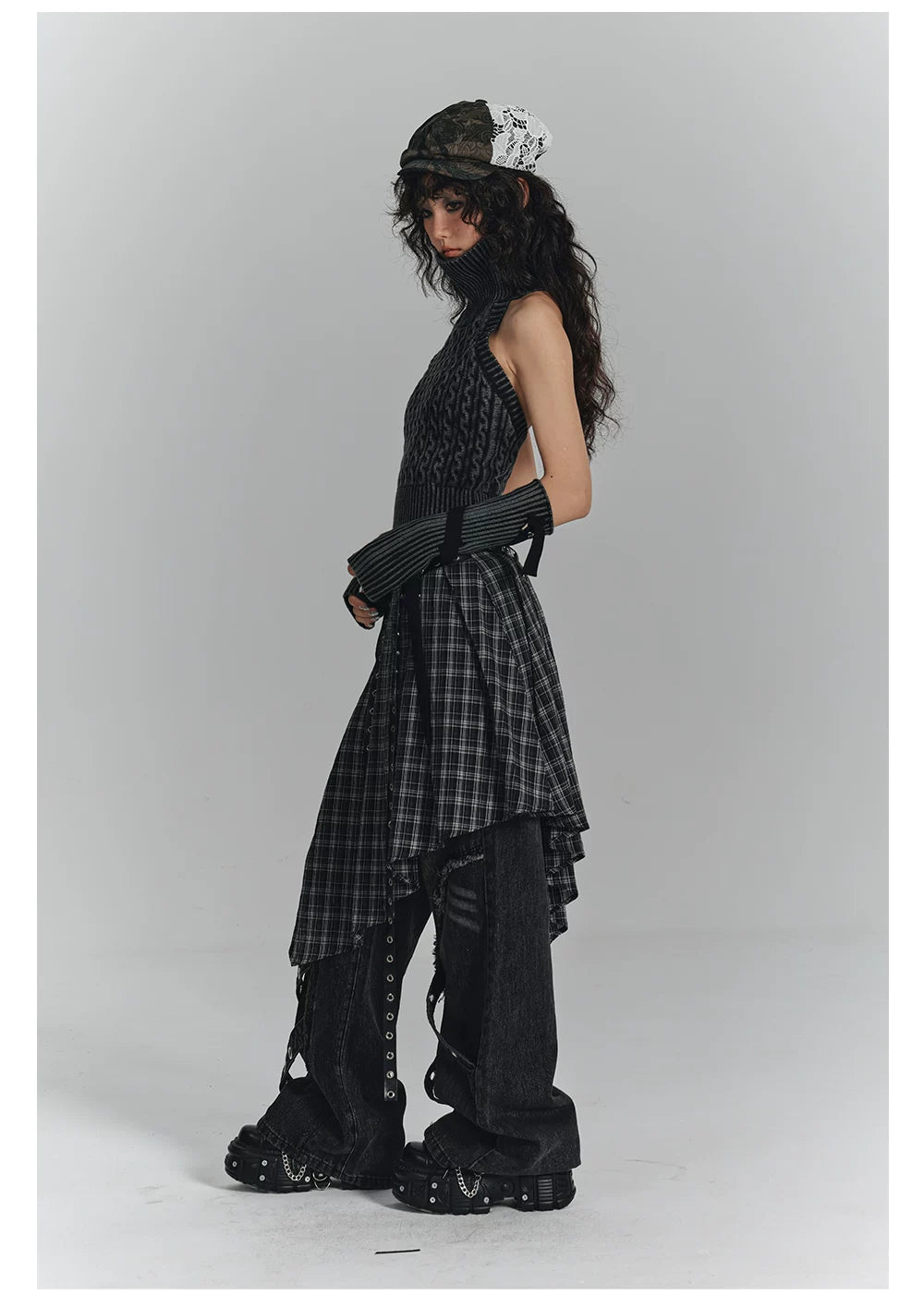 High-Neck Sleeveless Lace-Up Backless Knit Sweater & Arm Warmers