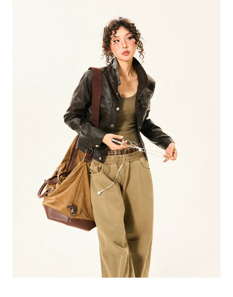 PU Leather Standing-Collar Short Jacket