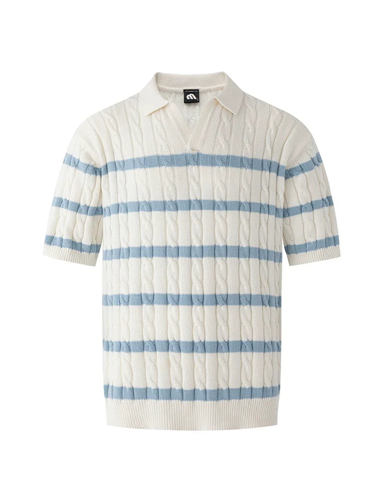Cable Stripe Knit Lapel Short Sleeve Polo Shirt