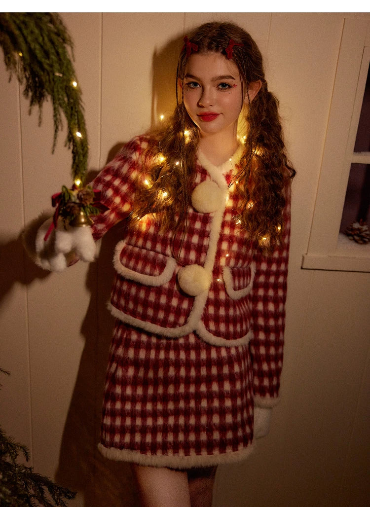 Christmas Plaid Tweed Jacket & Short Skirt Setup