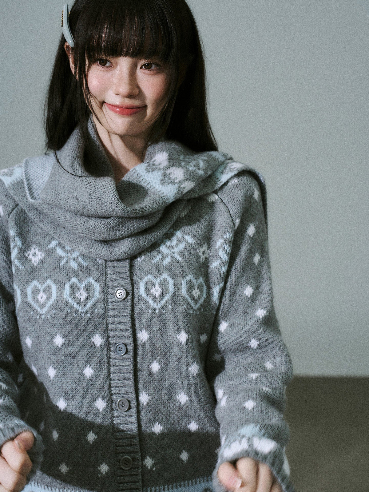 Fair Isle Pattern Wool Blend Scarf Knit Cardigan