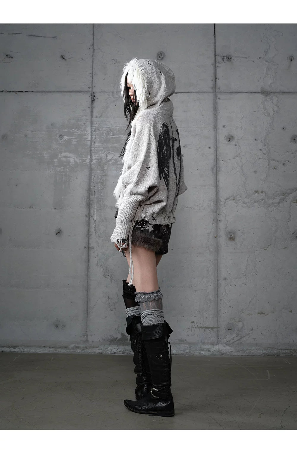 Fake Fur Trim Drawstring Oversize Knit Cardigan