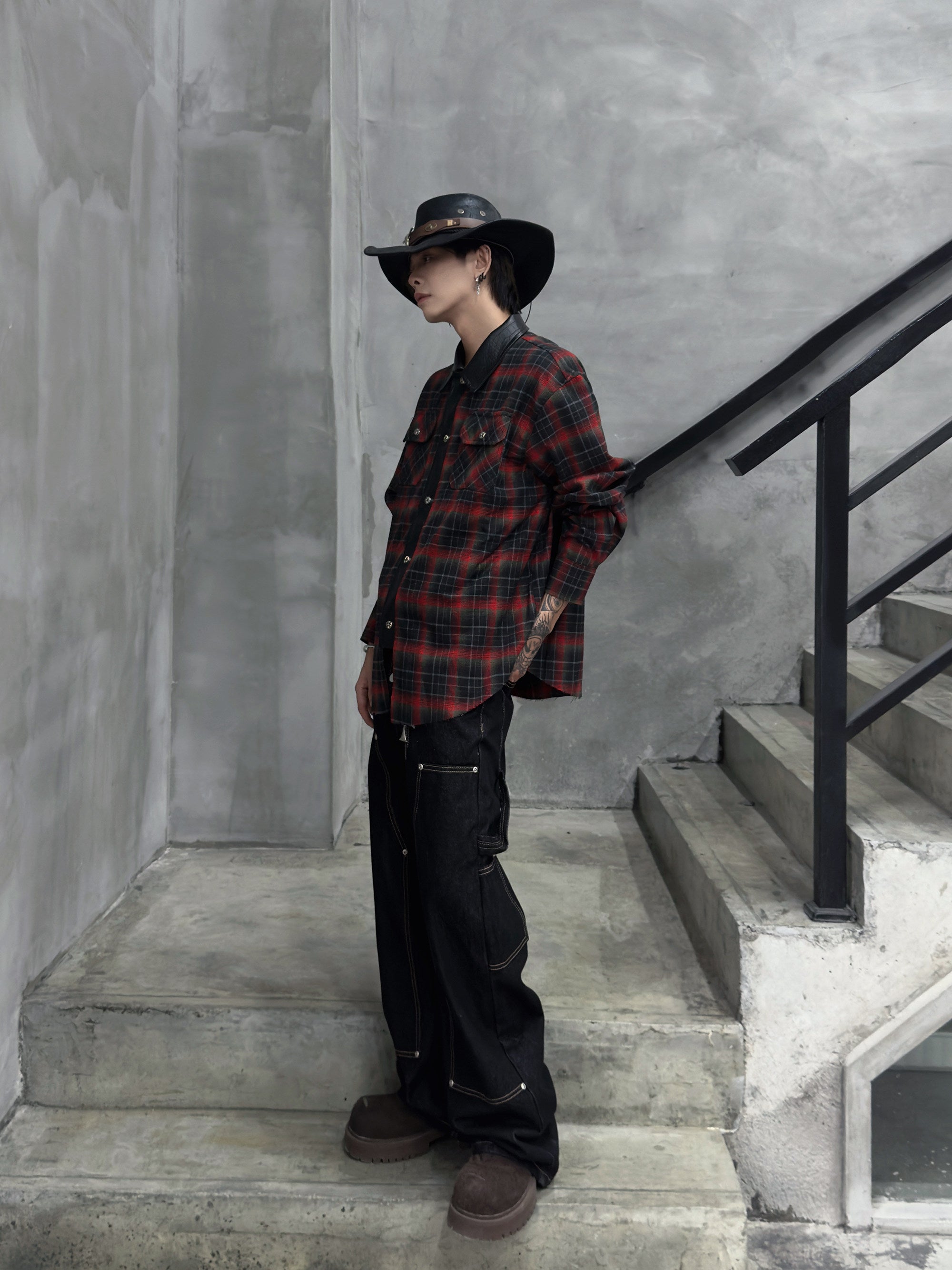 Camicia a maniche lunghe a quadri rosso-neri