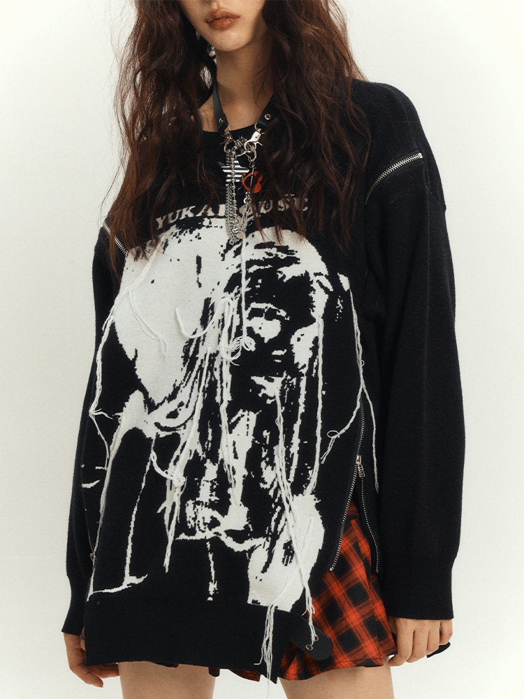 Zipper Design Oversize Knit Sweater