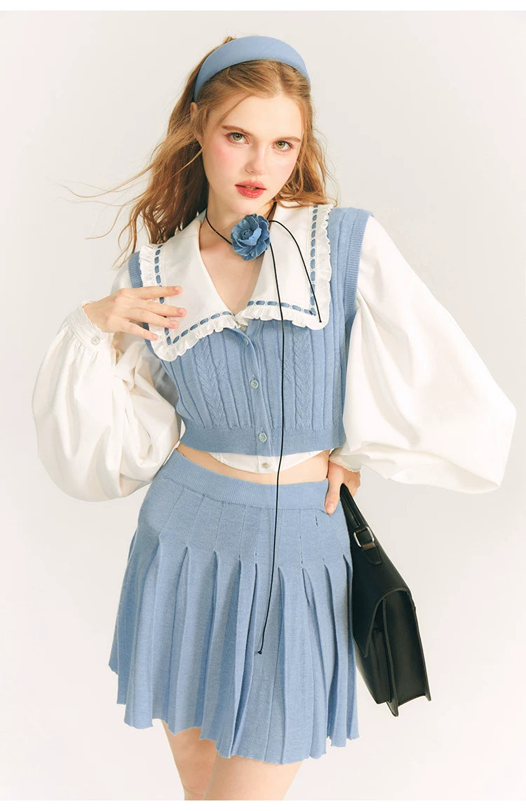 Button Knit Vest & Knit Pleated Skirt Setup