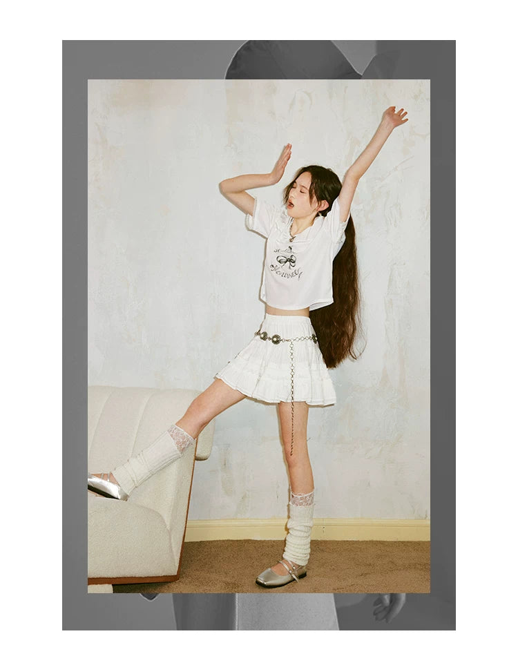 Bow Print V-Neck Short Sleeved T-Shirt