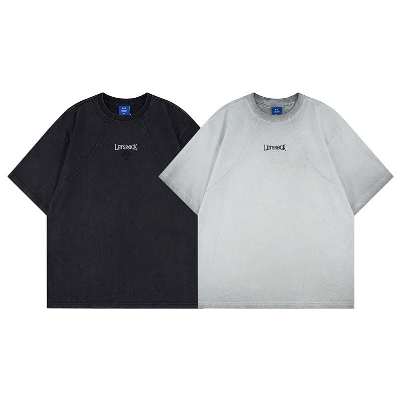 Washed Embroidery Raglan Short Sleeve T-Shirt