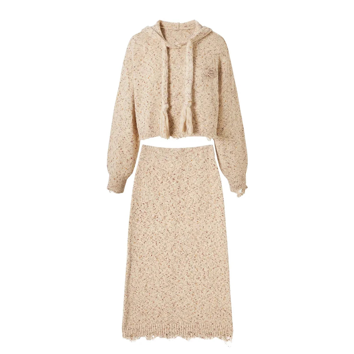 Textured Hooded Knit Sweater & Long Knit Skirt Setup
