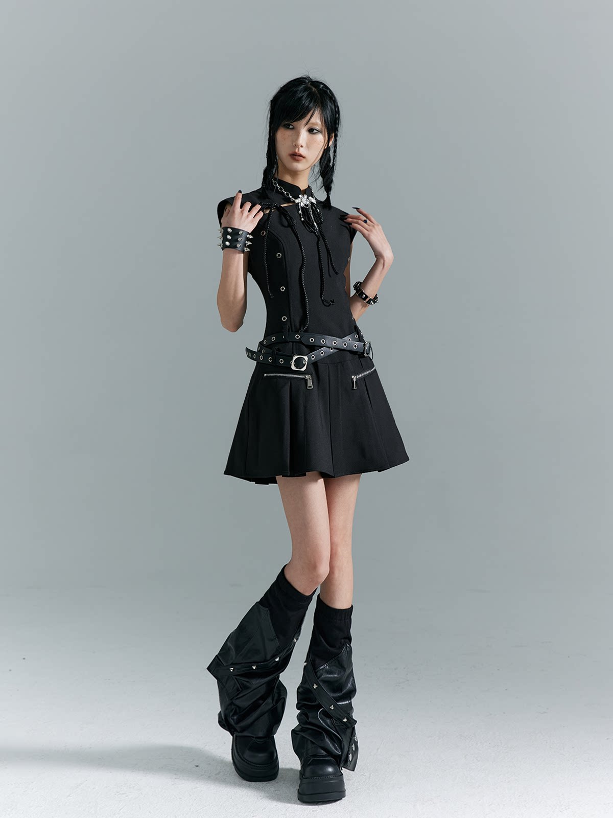 Cutout Pleats Qipao Sleeveless Dress With Belt