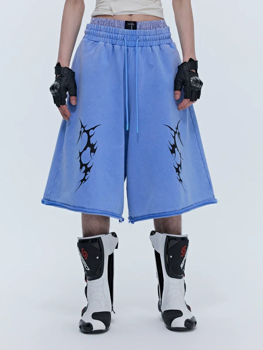Oversize Washed Print Zipper Hoodie & Wide-leg Half Sweatpants Setup