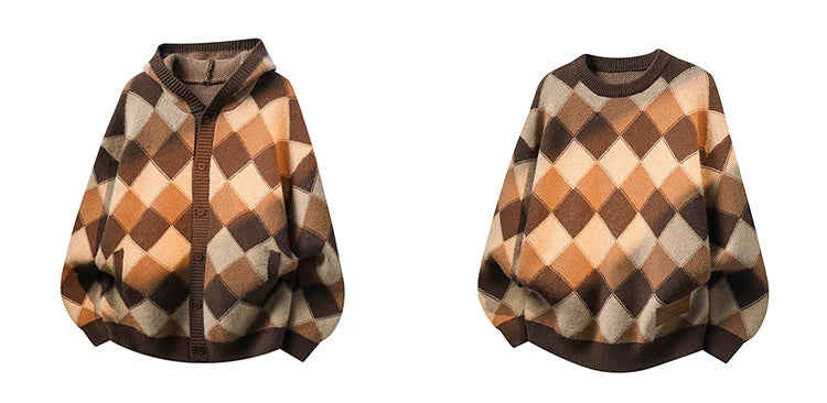 Heavyweight Diamond Pattern Oversize Hooded Knit Cardigan & Knit Sweater