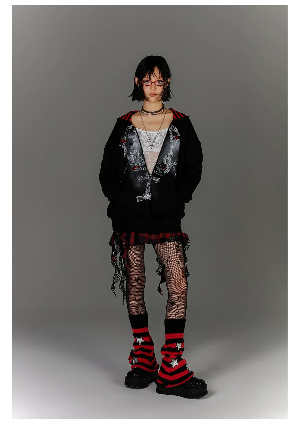 Fake Layered Zipper Stripe Oversize Pullover Hoodie