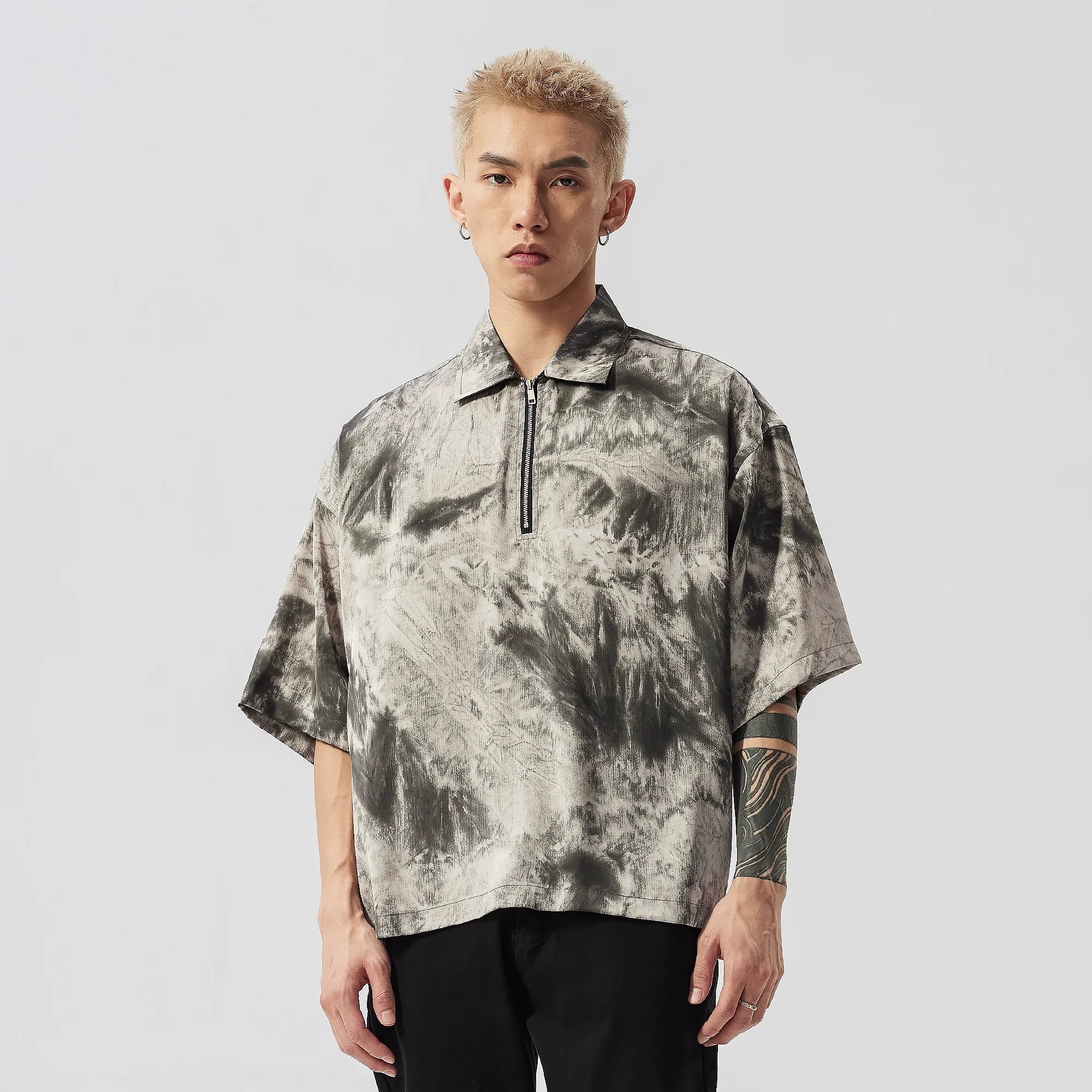 Tie-Dye Ink Design Half Zipper Polo Shirt