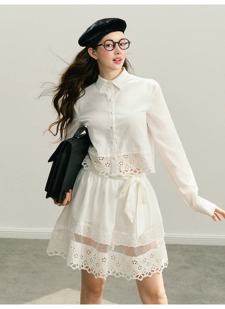 Lace Long Sleeve Shirt & Lace Short Skirt Setup