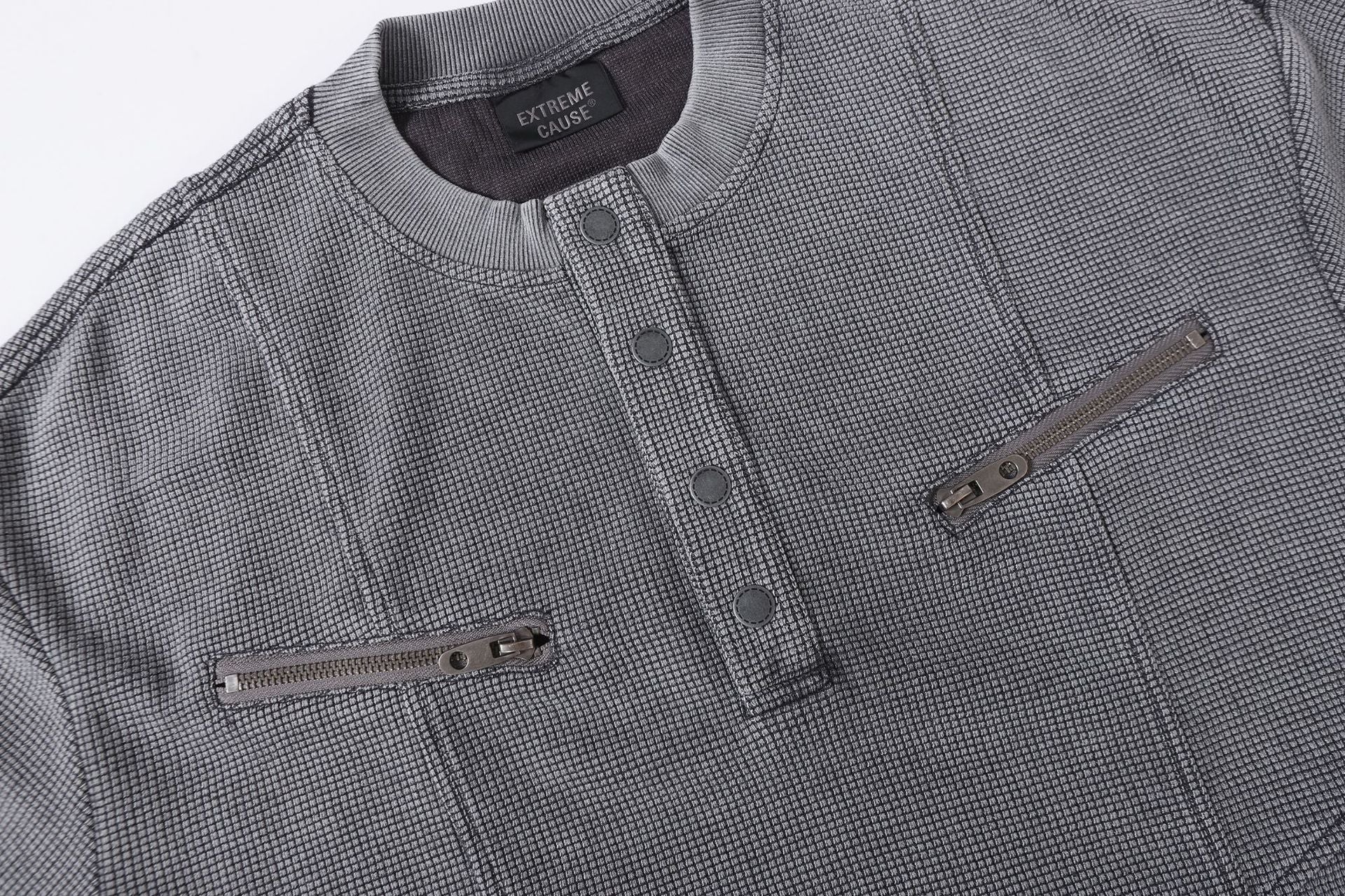 Half-Open Collar Check Wash Damage Short Sleeve T-Shirt