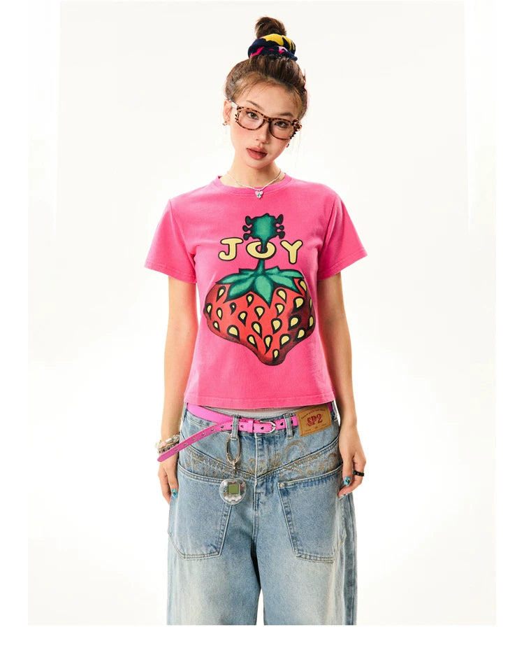Strawberry Print Cropped Short Sleeve T-Shirt