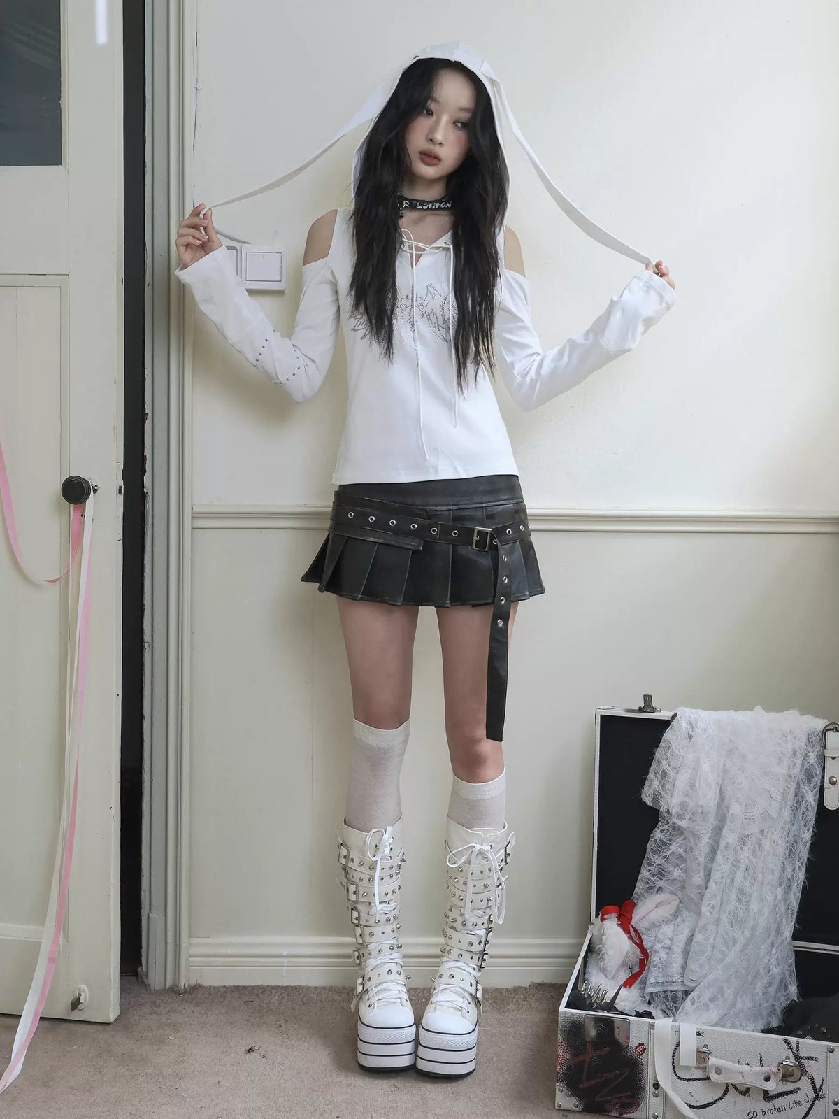 Washed Pleated PU Leather Short Skirt