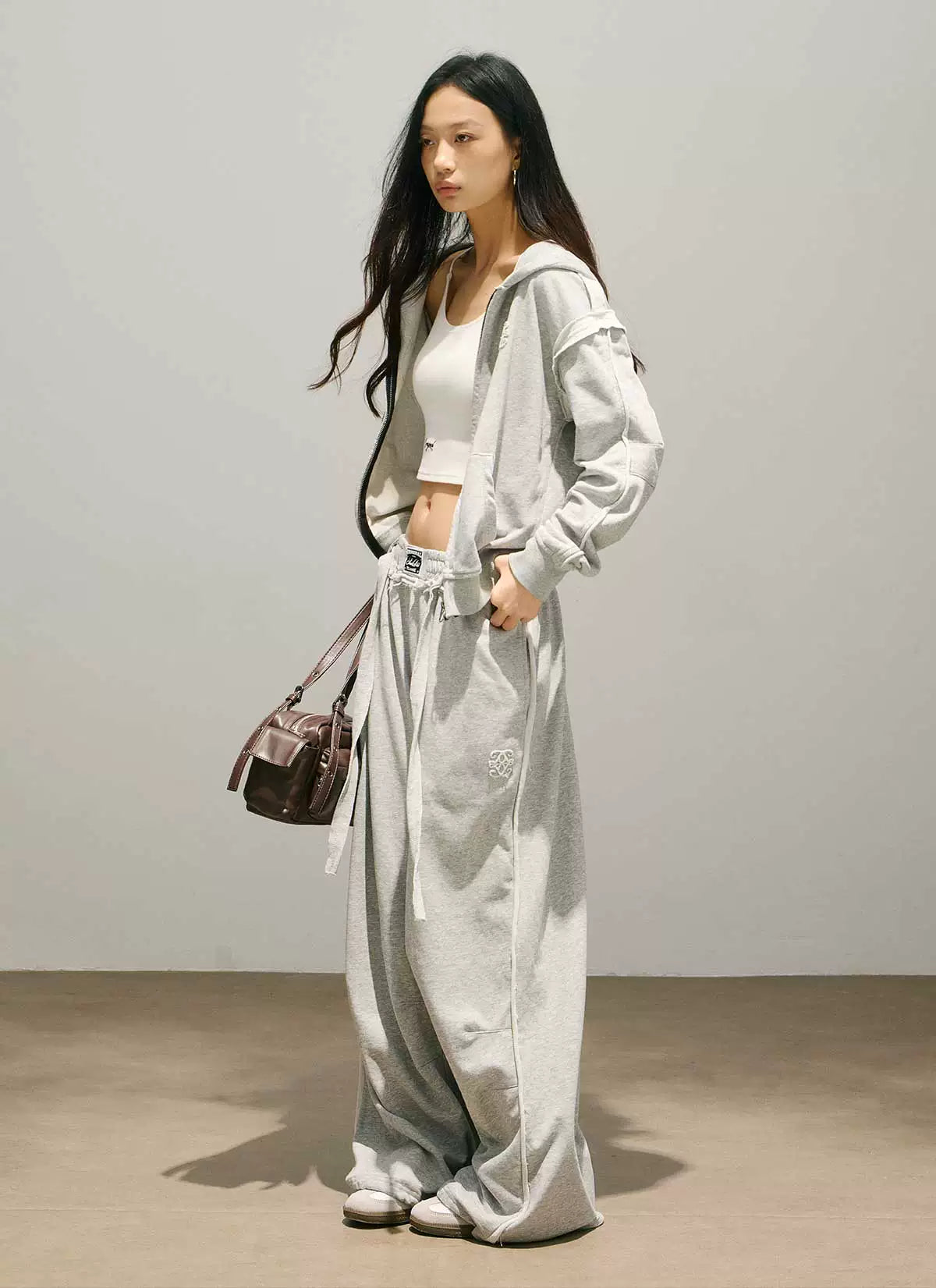 Plain Zip Hoodie & Drawstring Wide Leg Sweatpants Setup