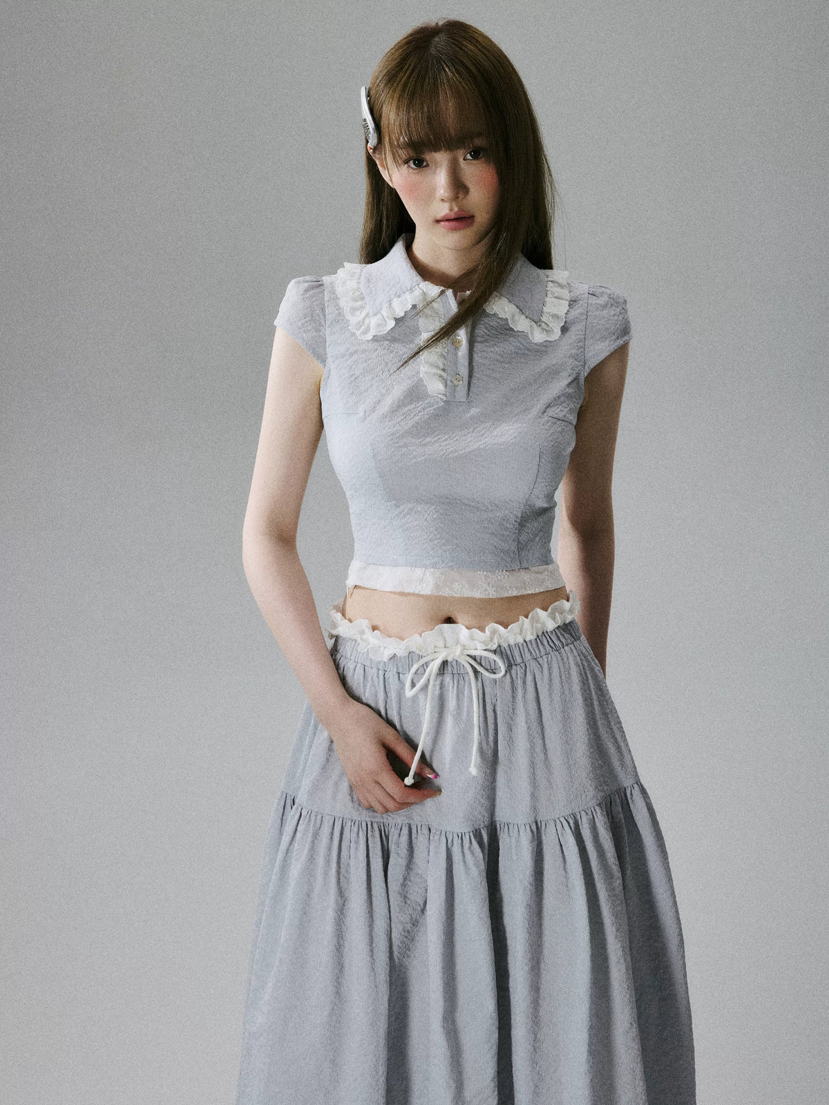 Lace-Trim Short Sleeve Shirt & Drawstring Skirt Setup