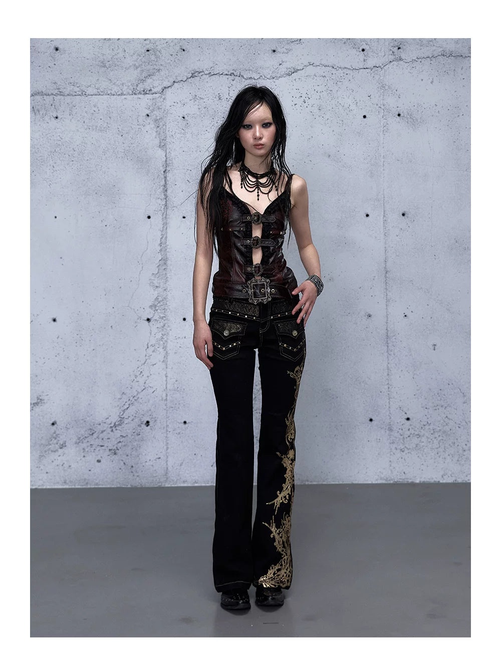 Embroidery Low Rise Straight Denim Jeans