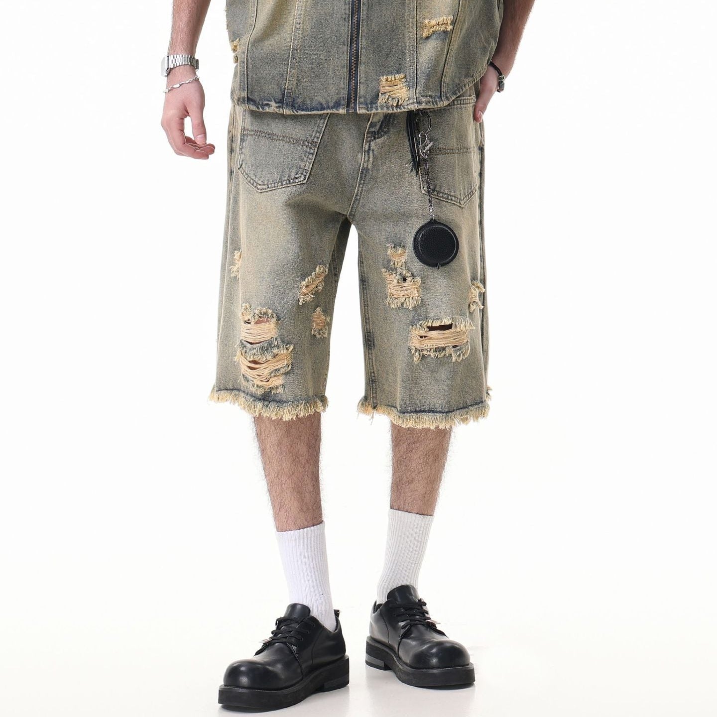 Washed Damage Wide Leg Denim Short Pants