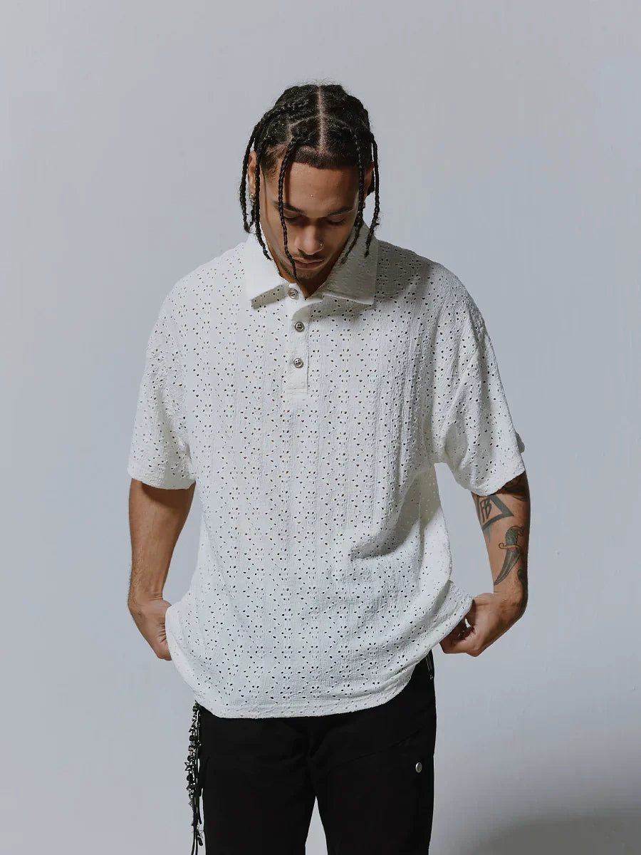 Hollow Design Oversize Short Sleeve Polo Shirt