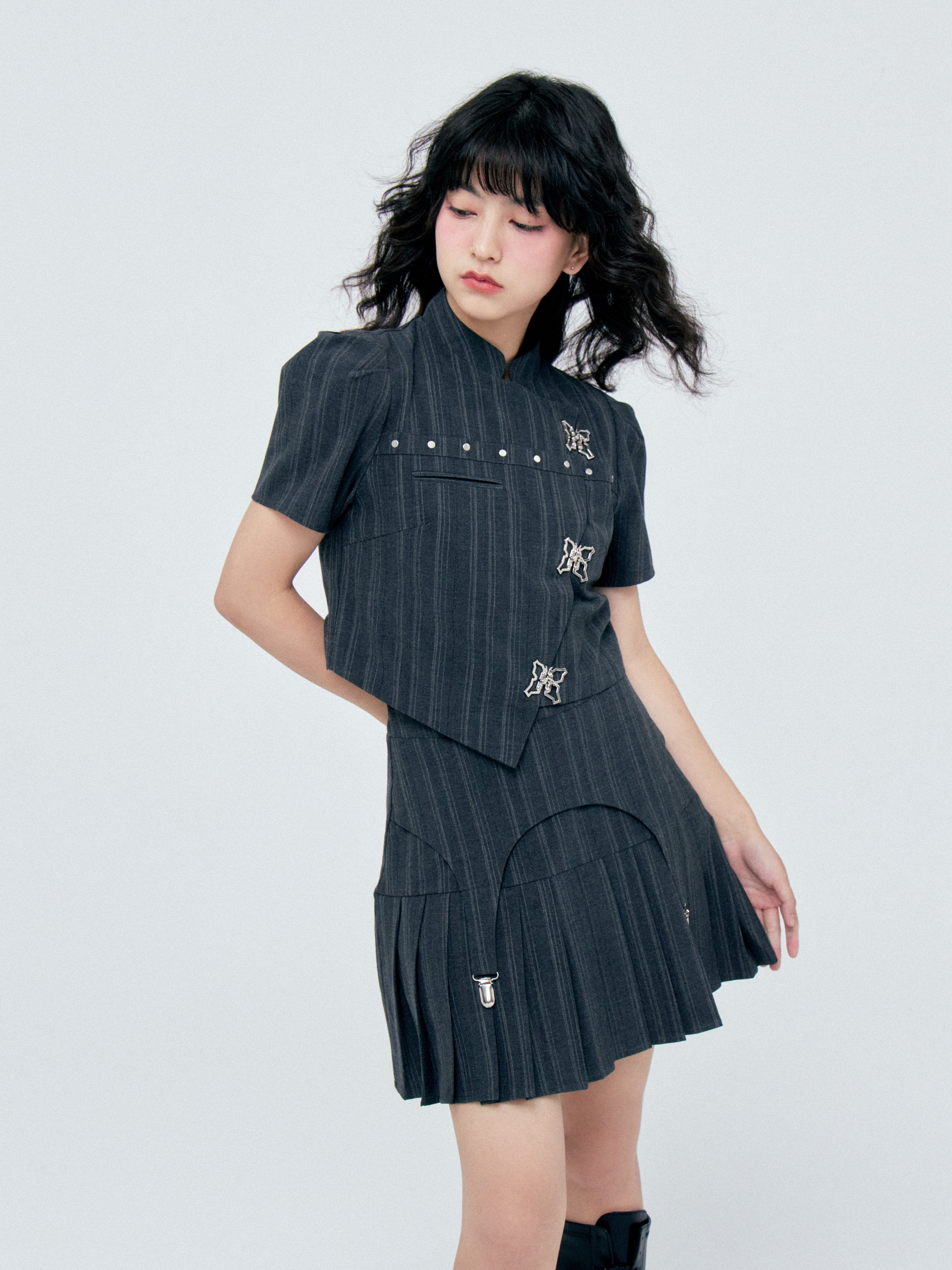 Bow Detail Pinstripe Cropped Shirt & Pleated Skirt Setup