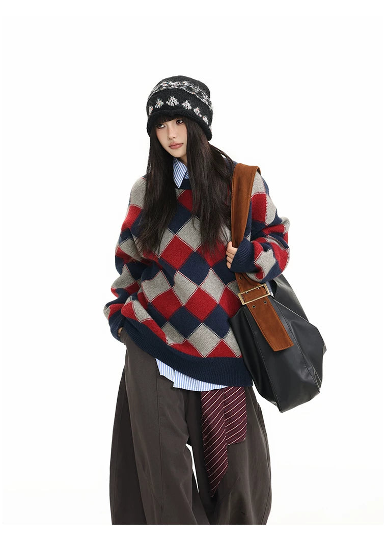 Heavyweight Diamond Pattern Oversize Hooded Knit Cardigan & Knit Sweater