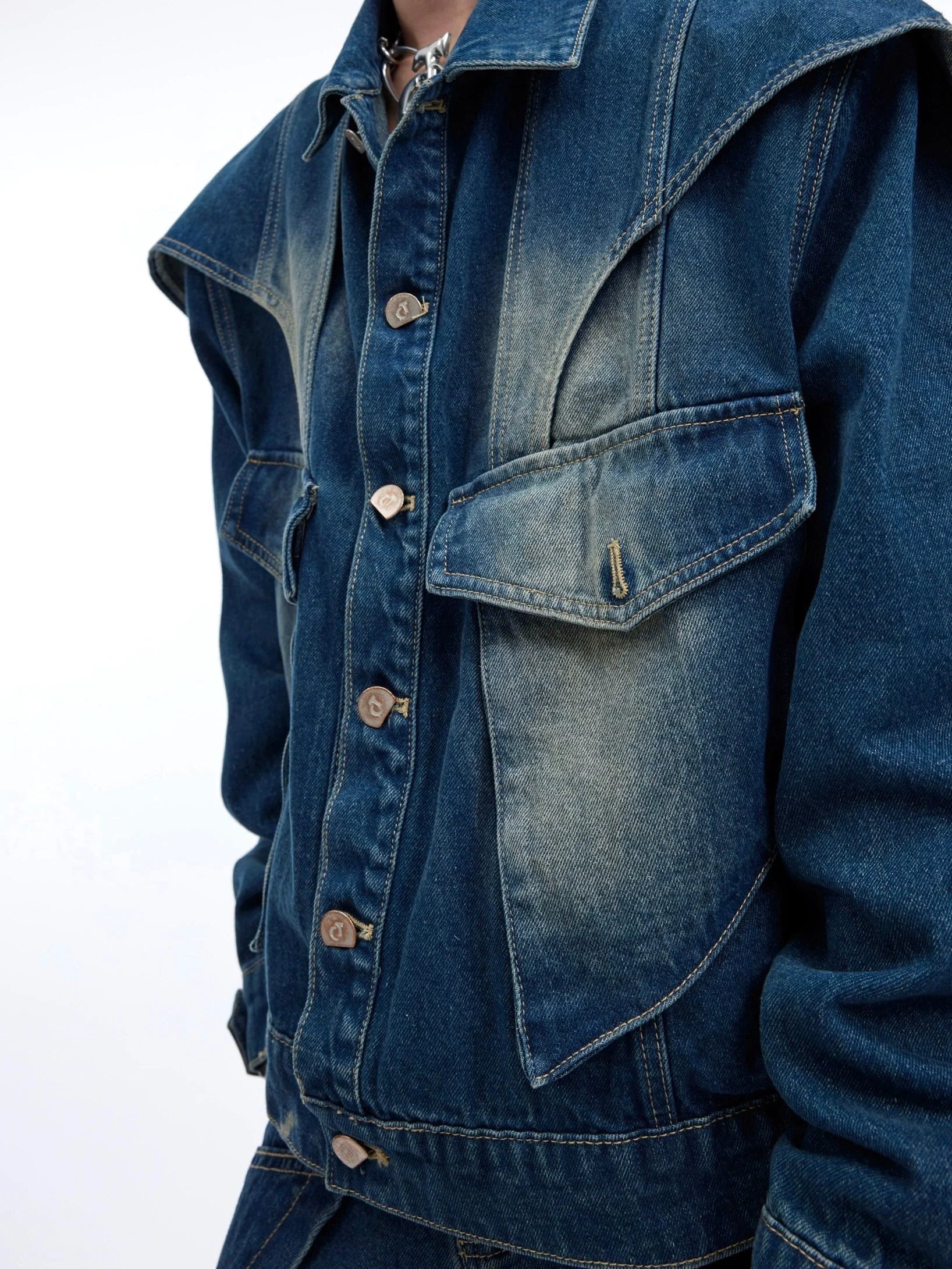 Double Layered Design Short Denim Jacket & Wide Leg Denim Jeans Setup