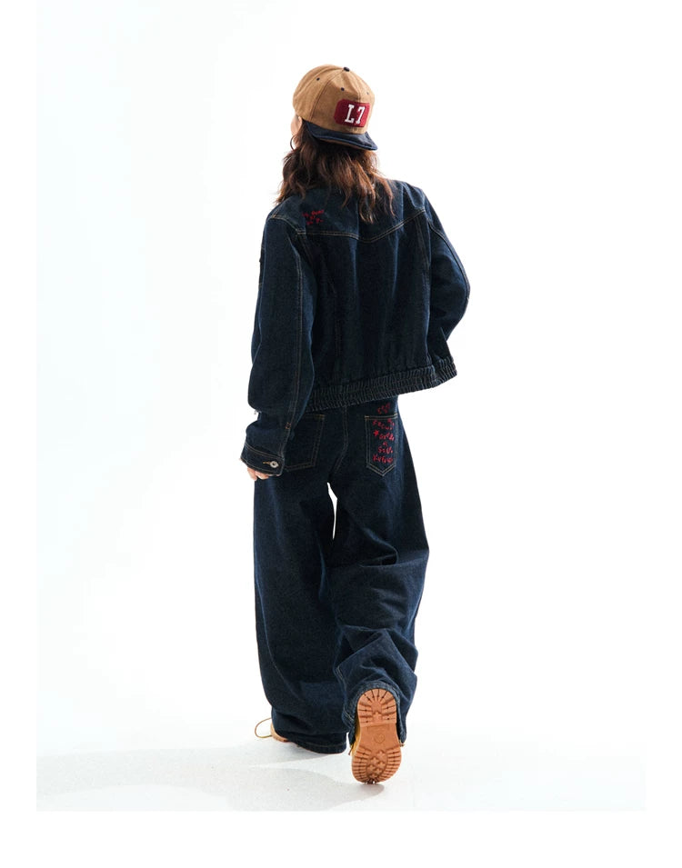 Embroidered Cropped Denim Jacket & Wide-Leg Denim Jeans Setup