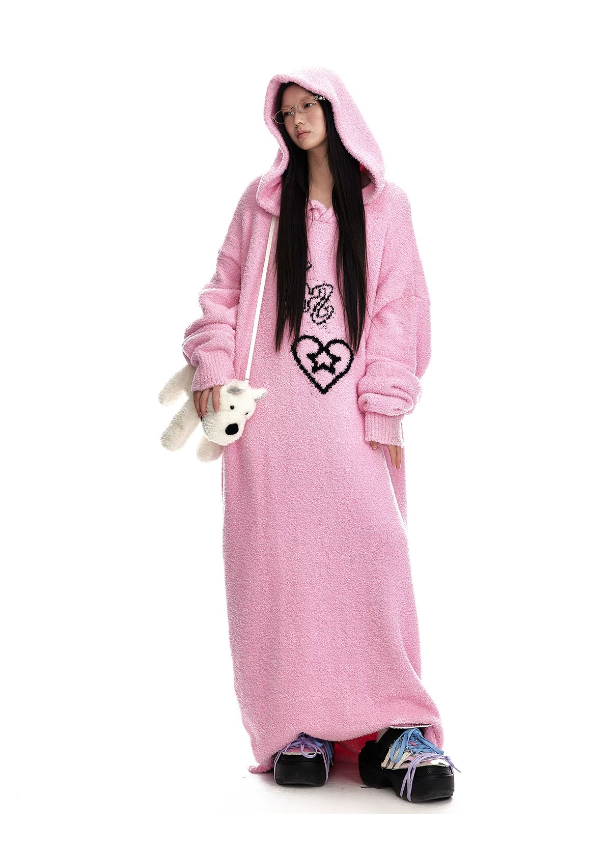 Fuzzy Hooded Knit Sweater Dress