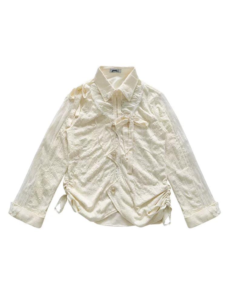 Textured Hollow-Out Tie-Strap Long Sleeve Shirt
