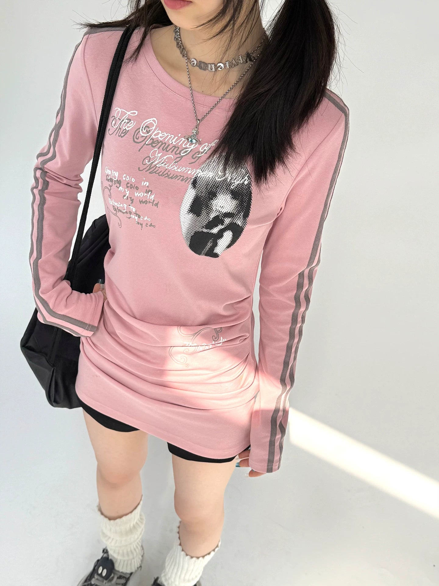 Stripe Sleeve Graphic Print Ruched Fitted Long T-Dress
