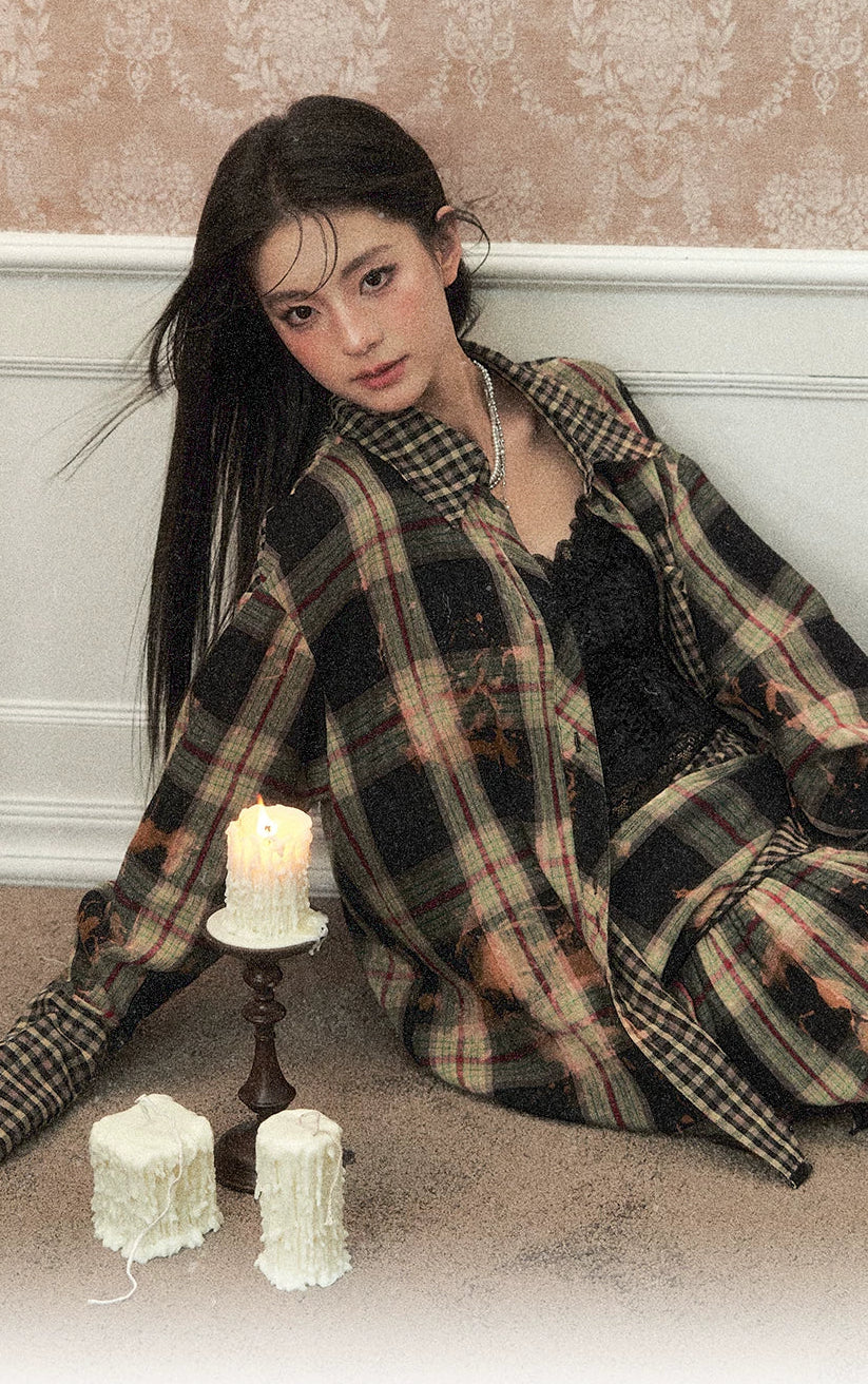 Oversize Plaid Long Sleeve Shirt & Short Skirt & Scarf Setup