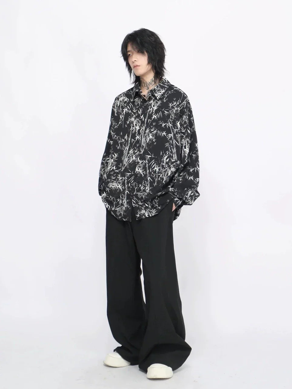 Bamboo Print Oversize Long Sleeve Shirt